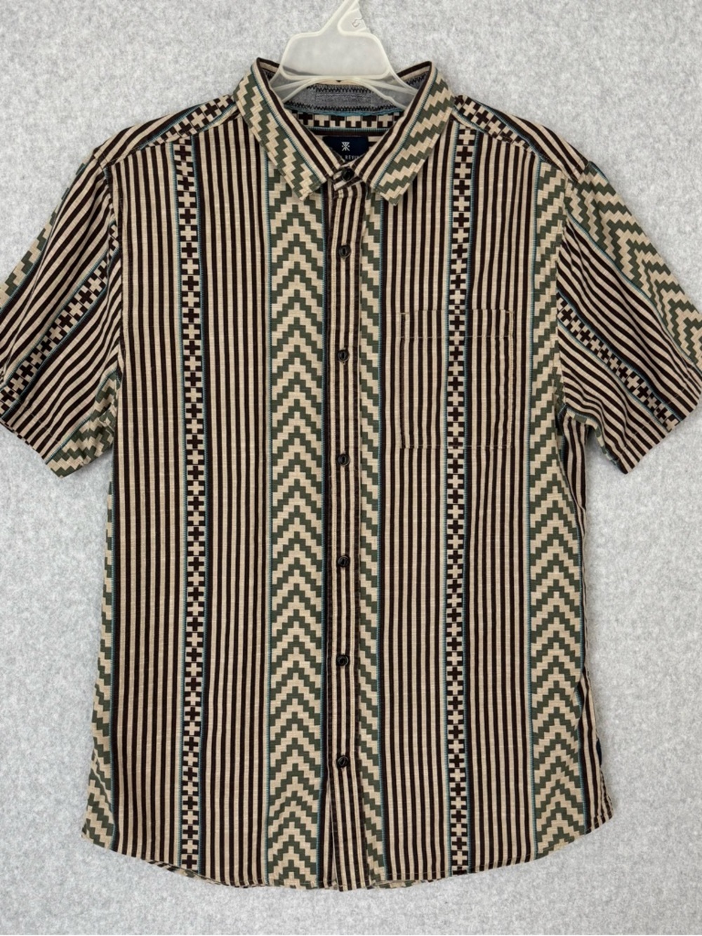 Roark Revival Shirt Mens Medium Brown Green Aztec Short Sleeve Button Up Outdoor
